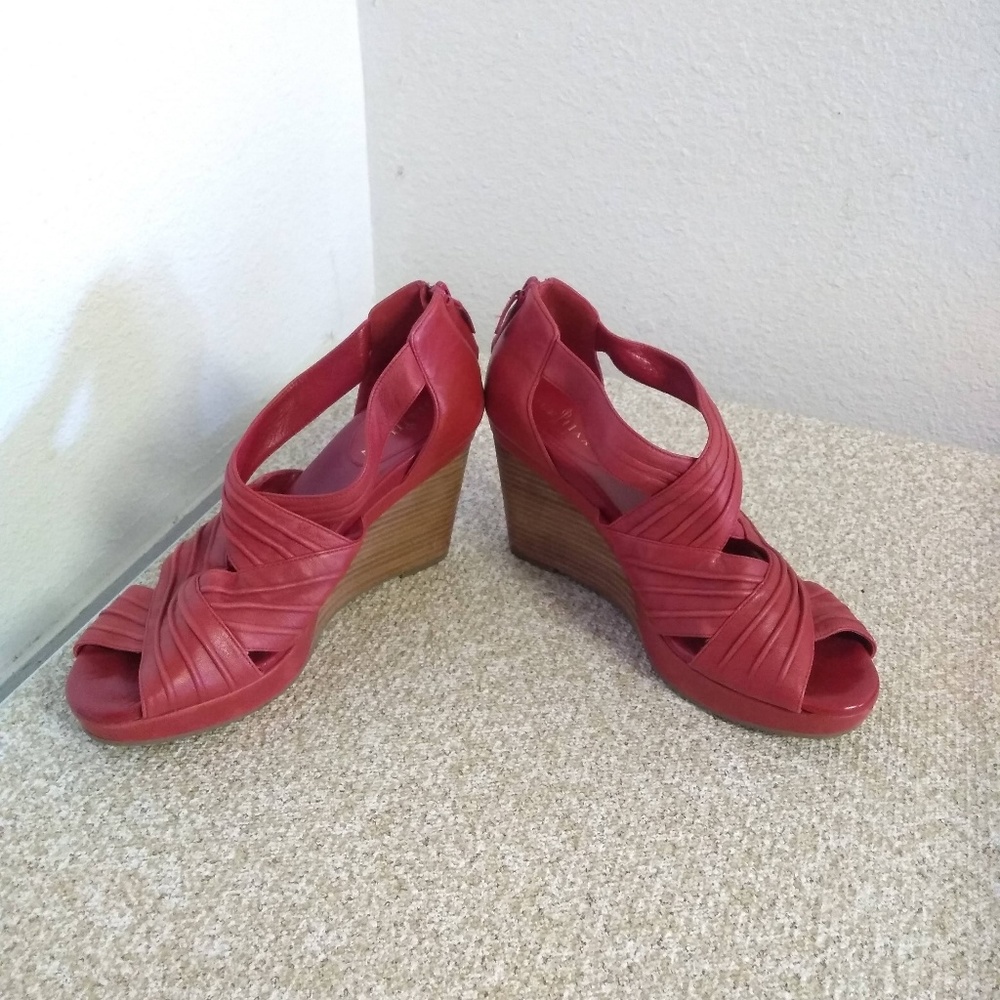 Cole Haan Red Leather Wedge Sandals - Picture 3 of 5